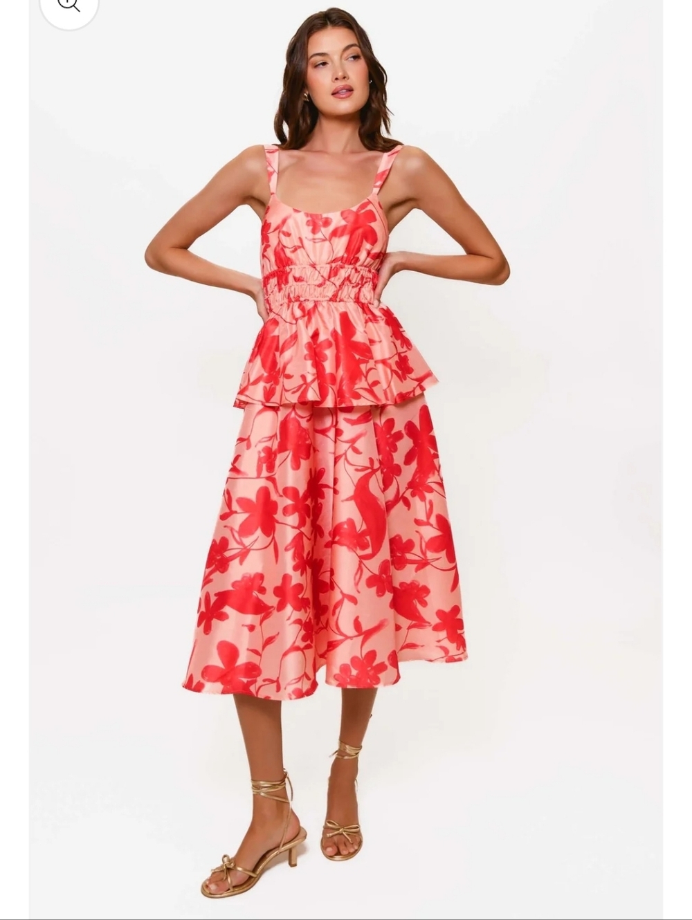 Anthropologie Hutch Ruched Floral Peplum Midi Dress in Coral Pink